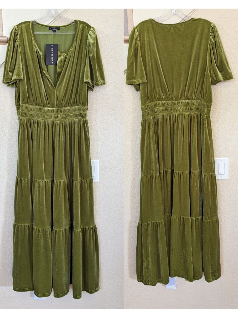 Boho Chartreuse Green Velvet Short Sleeve Tiered A-line Maxi Dress 18 - Picture 2 of 4